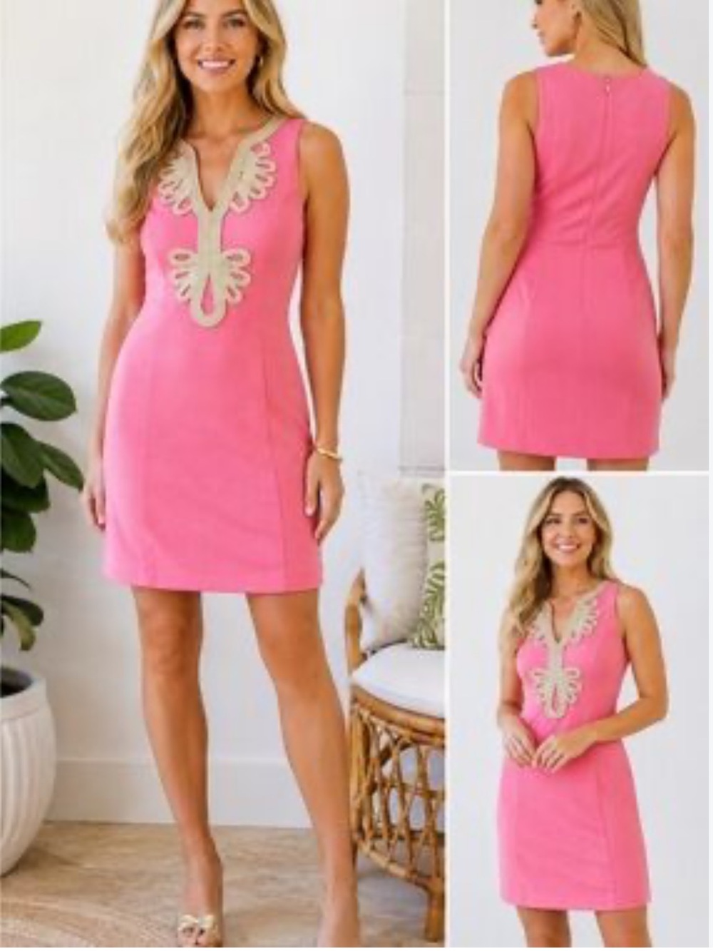 Lilly Pulitzer Pink Sleeveless Sheath Dress, Gold Scallop Appliqué, Size NWOT